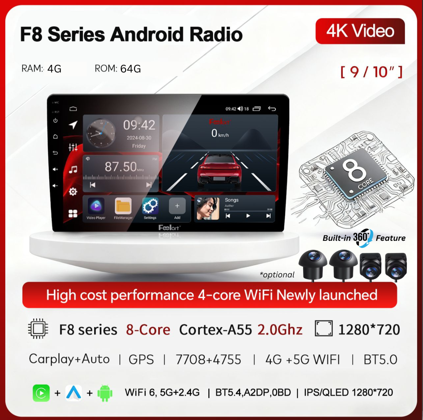 Feelart F8 Series Andriod Player (4GB RAM + 64GB Storage) 
